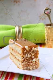 piece of sweet cake with caramel cream