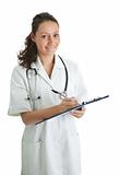 Cheerful medical doctor woman filling out prescription