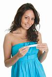 Cheerful woman with pregnancy test