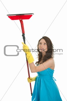 Cheerful woman cleaning window