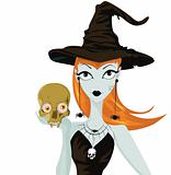 Halloween witch standing with skull 