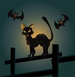 Vector illustration of a black cat on a fence and a vampire bat 