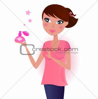 Girl in pink with perfume bottle