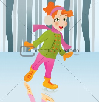 Ice skating girl. Small girl with big smile on ice. Vector carto