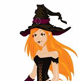 Beautiful sexy witch with long red hair and hat 