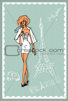 Woman in white dress with the Eiffel tower on the background