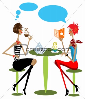 2 woman drink coffee, talking, reading fashion magazine cartoon 