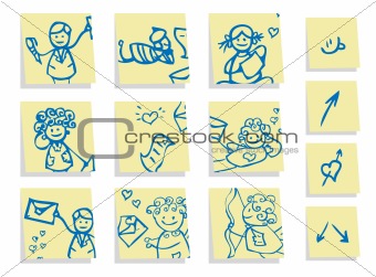 Group people in love icons set, stickers background 1