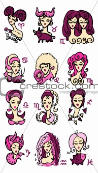 Horoscope woman Symbols, pink Astrology vector set 1