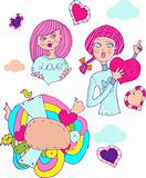 Love girl, cartoon icons emblem, border, design elements