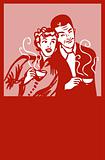 Retro coffee man and woman card poster red background