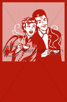 Retro coffee man and woman card poster red background