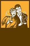 Coffee or tea retro card poster. Woman and man with hot cup