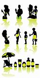 Family health vacation icons set sea and cosmetic sun silhouette
