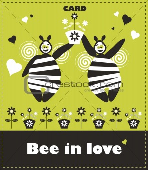 Floral card with couple bee in love. Fake paper congratulation 