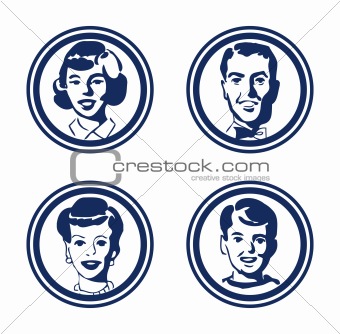 Happy retro family icons, vintage 4 people group stickers, tags