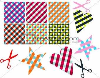 Vector cross-weave gingham tiles. Scissors with napkins patterns
