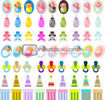 Vector Kids & baby accessories tag, sticker, banner set. Happy b