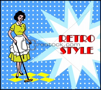 Woman Cleaning Floor in retro vintage style card background