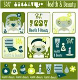 Big lady's health, beauty and spa icons set. Girls and objects e