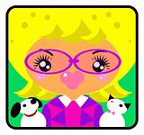 Cute Girl with dog and cat emblem, icon. Pets and woman from big