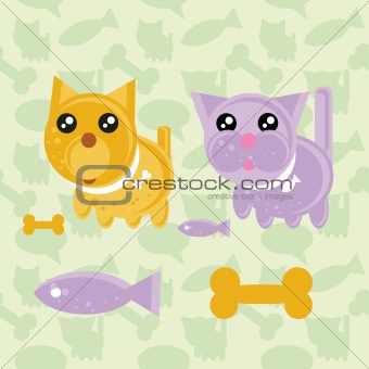 Cartoon Cat and Dog Icons with food symbols (fish, bone) on seam