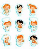 Happy kids icons sticker set cook study relax play