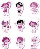 Happy kids icons sticker set cook study relax play purple fake p