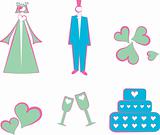 Isolated Wedding decoration logo, icons couple, cake, hearts, fl