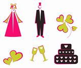 Isolated Wedding decoration logo, icons couple, cake, hearts, fl