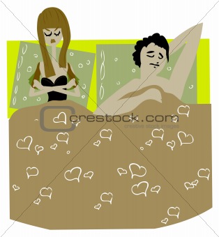 Sad Woman in Bed With crossed  Arms Crossed and Man Sleeps 
