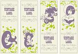 Vector vintage labels banner frame set with girls and flowers