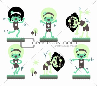 girl exercising, vector cartoon and nature background elements