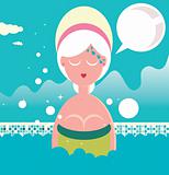 Woman in Hot Thermal Bath Spa with speech bubble card tag