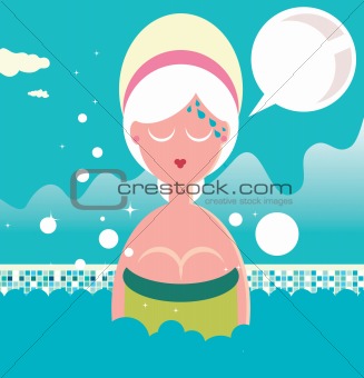 Woman in Hot Thermal Bath Spa with speech bubble card tag