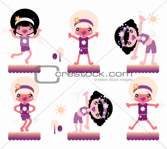 girl exercising, vector cartoon and nature background elements