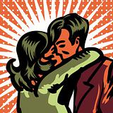 Pop art comic Vector illustration of Kissing Couple. Love.