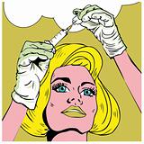 Pop-art Medical and Health Nurse Preparing Injection with bubble