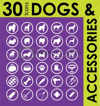 silhouettes of different breeds of dogs and accessories set