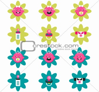 Baby Flower Icons Set Vector Frame
