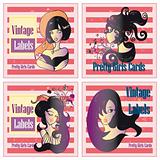 Vector vintage labels set with pretty cartoon girls and flowers 