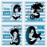 Vector vintage labels set with pretty cartoon girls and flowers 
