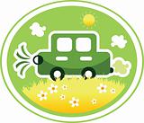 Car on nature background label with flower sun and grass