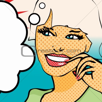 Popart Young smiling woman Vector illustration