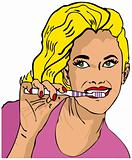 Woman brushing teeth and smiling in retro popart style
