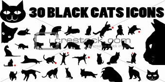 30 black cat Silhouette icons. Black and white isolated pets set
