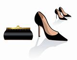 Black stiletto shoes and bag, vector fashion illustration, class