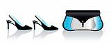 Black stiletto summer shoes and bag, vector fashion illustration