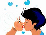 First love, couple kiss, boy and girl face to face, illustration