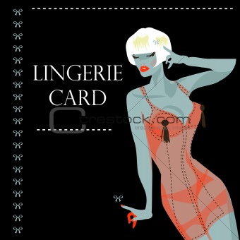 lingerie card with beautiful sexy woman and ribbon. Background, 